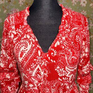 B.O.G. Collective Red Paisley Boho Dress | Tassel Tie Tiered Dress | Long Sleeve